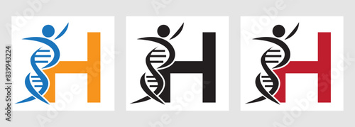 Letter H DNA Logo With Human Symbol. DNA Cell Icon. Health Care Sign