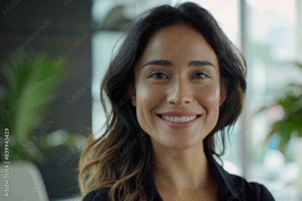 Woman smiling by window Woman smiling by window