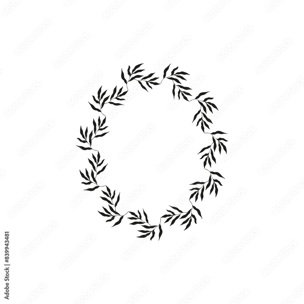 A black and white image of a wreath with leaves. The wreath is circular and has a lot of leaves A black and white image of a wreath with leaves. The wreath is circular and has a lot of leaves