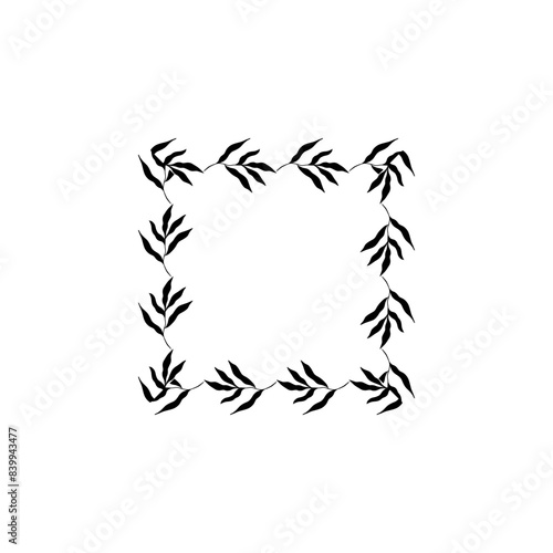 A black and white image of a frame with leaves. The frame is square and the leaves are arranged in a way that they look like they are growing out of the frame