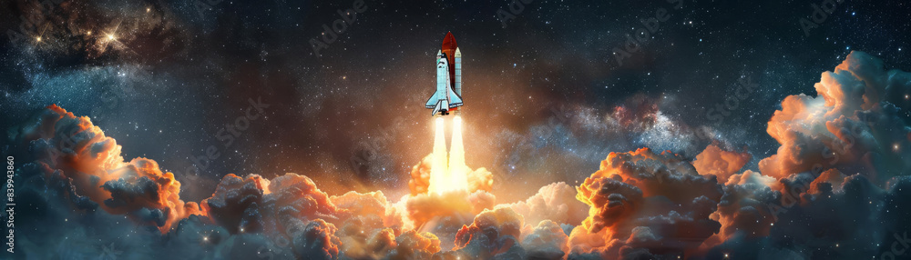 Naklejka premium The space shuttle launches into the starry sky, leaving a trail