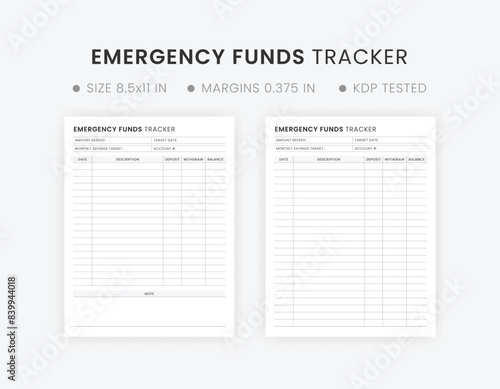 Emergency Funds Tracker Template Printable,  Money Savings Fund Black and White Color, Financial Planner