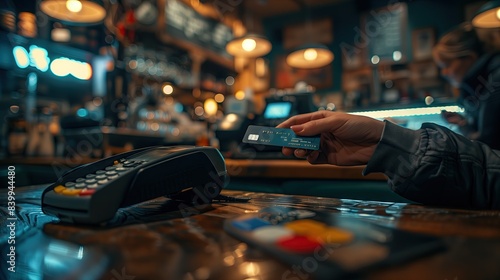 Hand of bank card holder paying bill in coffee shop, using credit card, at wireless payment terminal, using electronic transaction technology. photo