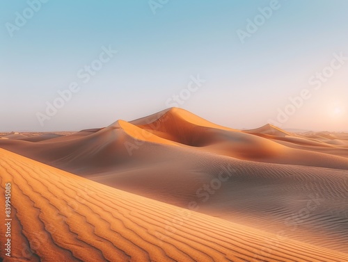 Golden sand dunes in a tranquil desert setting at sunset  highlighting the vastness and beauty of the natural landscape.