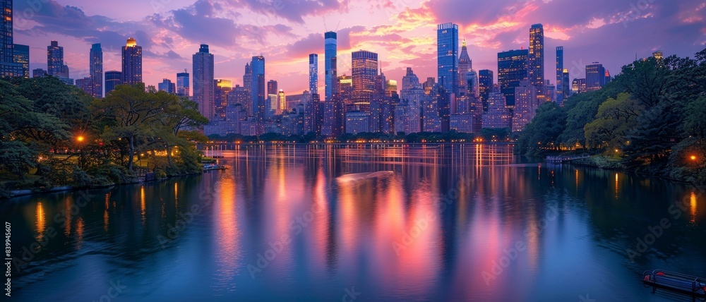 Fototapeta premium A serene sunset with soft colors reflected in the central park lake, flanked by the city's skyline