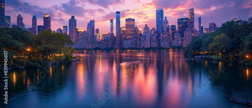 A serene sunset with soft colors reflected in the central park lake, flanked by the city's skyline © TPS Studio