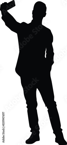 Men taking selfie silhouette illustration. Adult self photo pose. People selfie full body in black color.