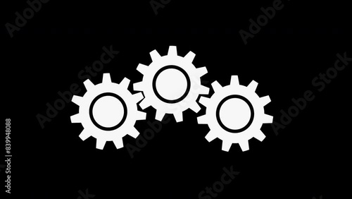 Three gears white gear icons shapes rotating work concept 2d animation black
