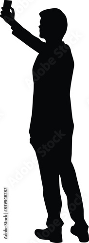 Men taking selfie silhouette illustration. Adult self photo pose. People selfie full body in black color.