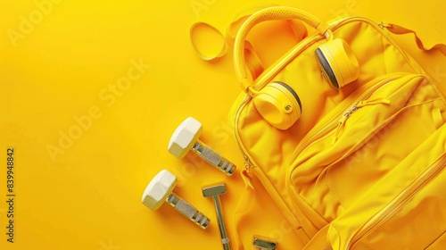 yellow backpack, headphones and dumbbells on yellow background flat lay school concept back to school concept photo