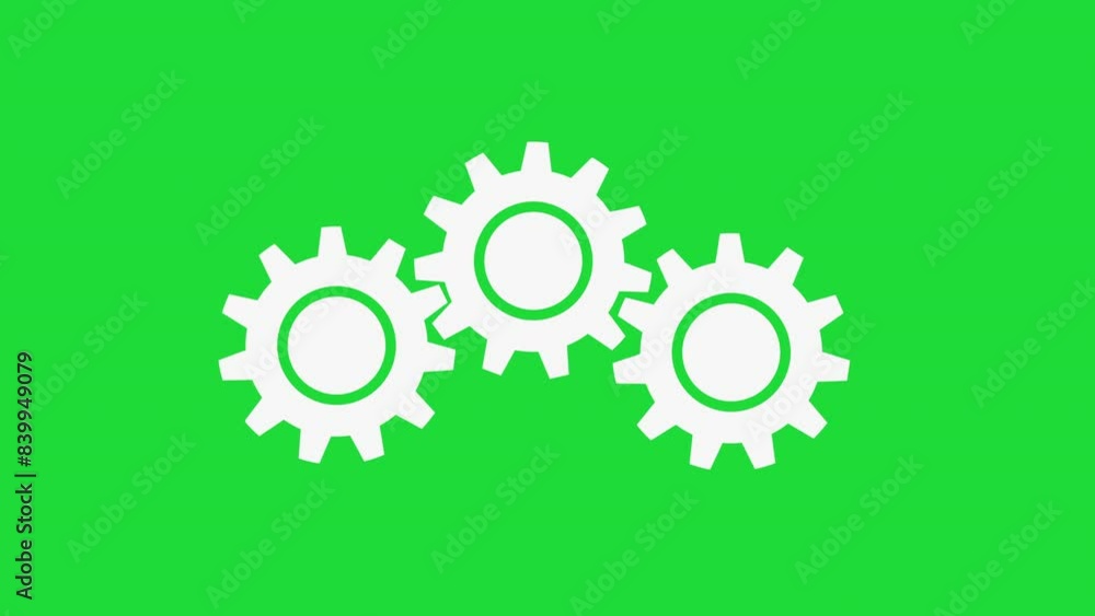Three white gear icons shapes rotating work concept 2d animation green screen Three white gear icons shapes rotating work concept 2d animation green screen