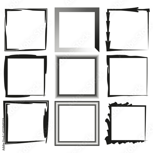Assorted black and white picture frames set. Abstract borders Vector collection. Gallery wall design elements.
