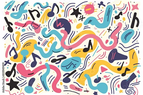 Cartoon cute doodles of dashed lines dancing across the page in rhythmic patterns, Generative AI