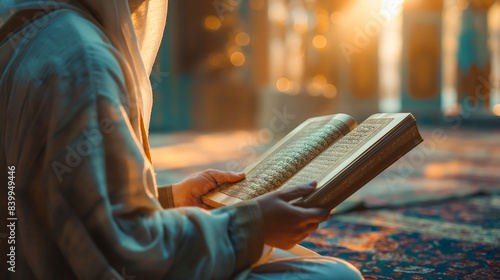 Close-up shot focusing on the hands of a Muslim man in traditional attire holding an open Qura photo