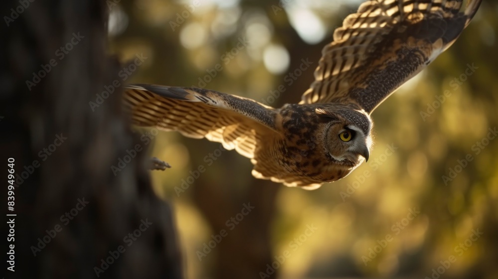 Obraz premium Owl in flight, wings outstretched, with a focus on its expressive eyes and detailed feathers, gliding through a forest setting under warm, natural light