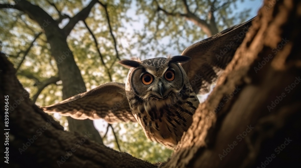 Owl in flight, wings outstretched, with a focus on its expressive eyes and detailed feathers, gliding through a forest setting under warm, natural light Owl in flight, wings outstretched, with a focus on its expressive eyes and detailed feathers, gliding through a forest setting under warm, natural light