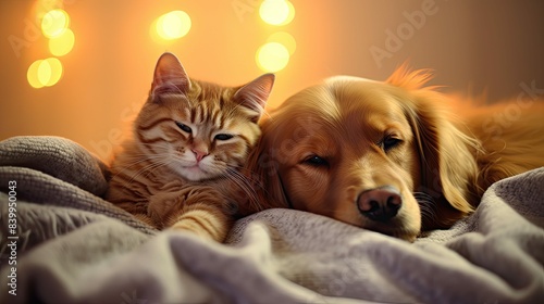 peaceful golden retriever and cat photo