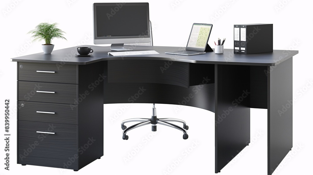 Modern black office desk with computer, monitor, plant, cup, and office supplies in a clean, organized workspace. Ideal for productivity. Modern black office desk with computer, monitor, plant, cup, and office supplies in a clean, organized workspace. Ideal for productivity.