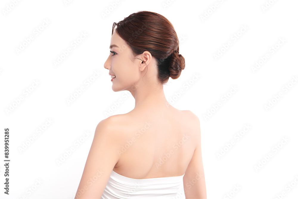 Beautiful young asian woman back view with clean fresh skin on white background, Face care, Facial treatment, Cosmetology, beauty and spa, Asian women portrait. Beautiful young asian woman back view with clean fresh skin on white background, Face care, Facial treatment, Cosmetology, beauty and spa, Asian women portrait.