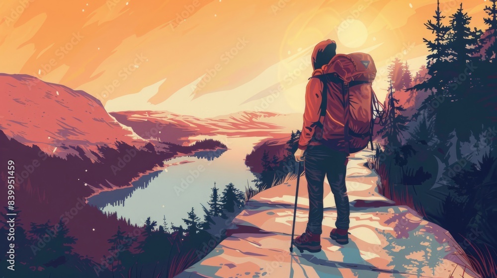 Fototapeta premium Design an image of a solo traveler with a backpack, exploring a remote trail, featuring rugged landscapes and a sense of solitude, highlighting the spirit of independent adventure. 