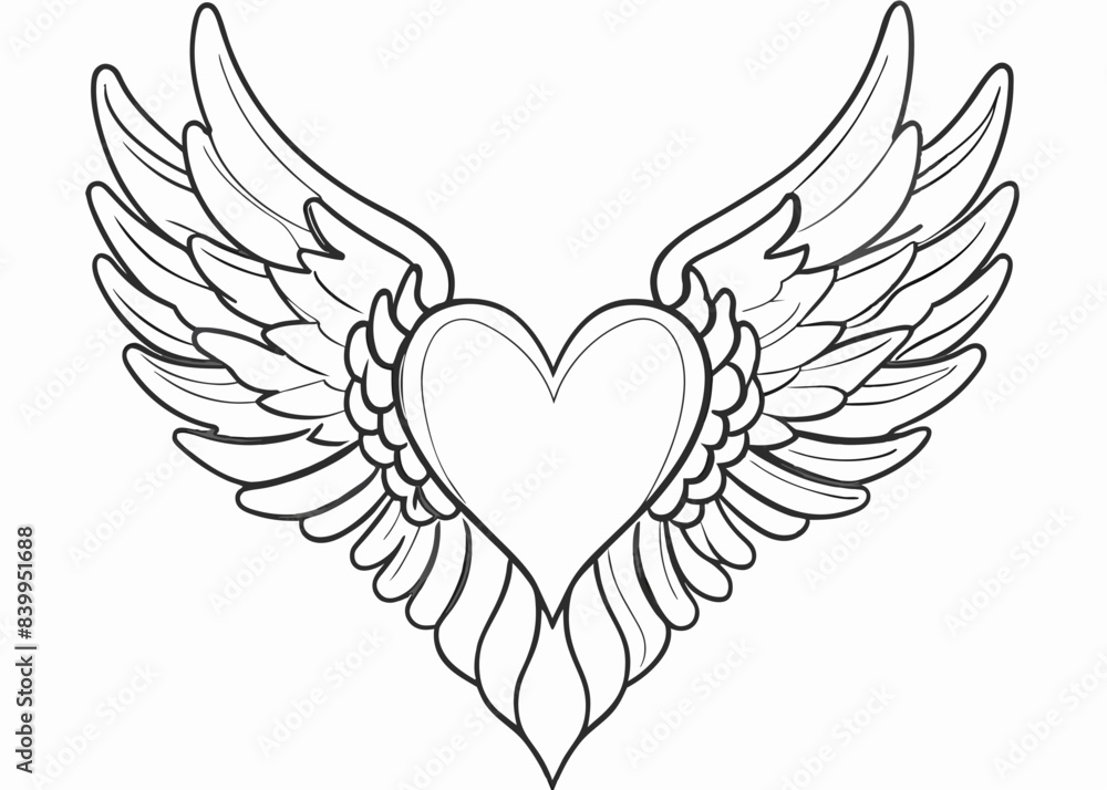 Continuous one line drawing of angel wings illustration, Heart with ...