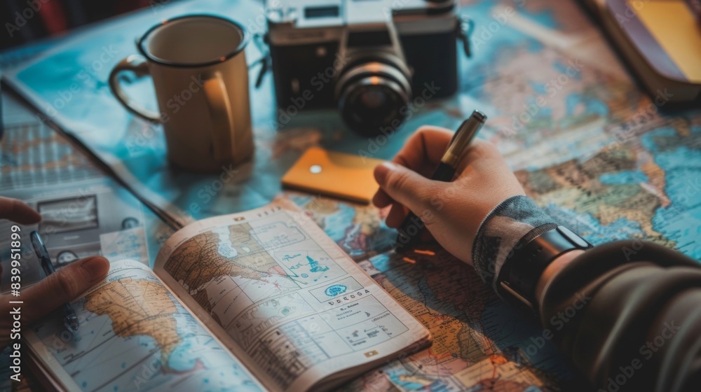Design an image of travelers preparing their passports and visas, featuring official documents and application processes, emphasizing preparedness and legality. Design an image of travelers preparing their passports and visas, featuring official documents and application processes, emphasizing preparedness and legality.