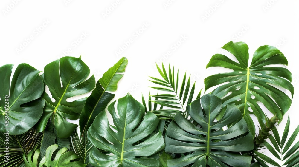 Obraz premium Green leaves of tropical plants, flower arrangement in the garden, nature backdrop, isolated on white background