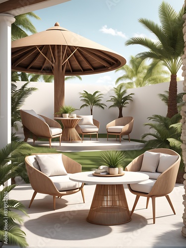 Terrace with outdoor furniture round table chairs gazebo and palm trees Exotic summer patio