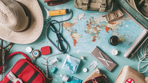 Create an image of travelers preparing for health precautions, featuring vaccinations and a basic first aid kit, emphasizing proactive health measures