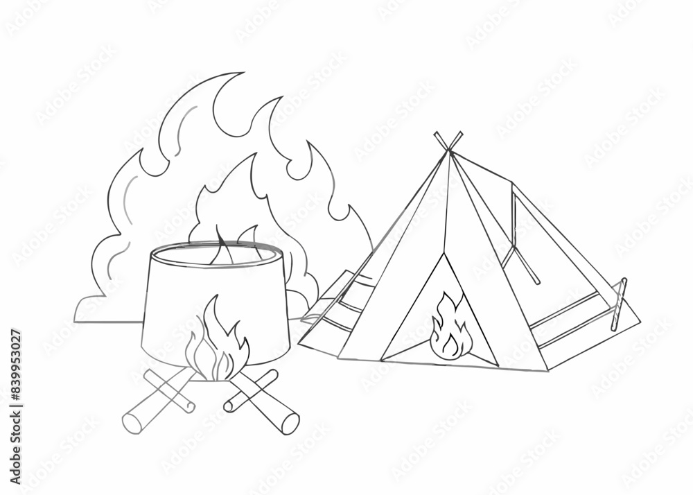 Continuous one line drawing of camping tent and bonfire. Bonfire and pot single line art vector illustration. Continuous one line drawing of camping tent and bonfire. Bonfire and pot single line art vector illustration.