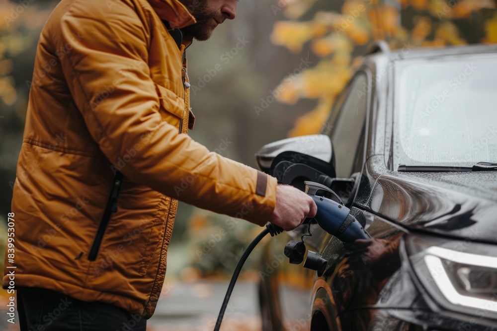 Man inserts a power cord into an electric car for charging in station Man inserts a power cord into an electric car for charging in station