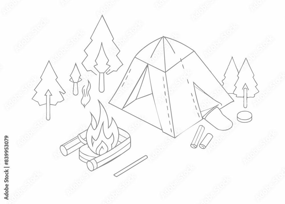 Continuous one line drawing of camping tent and bonfire. Bonfire and pot single line art vector illustration. Continuous one line drawing of camping tent and bonfire. Bonfire and pot single line art vector illustration.