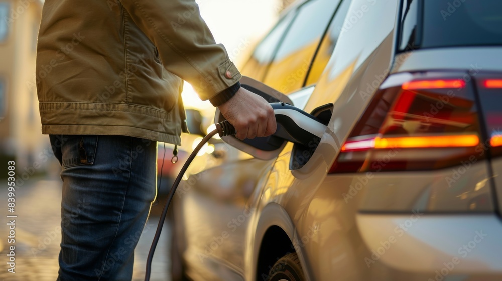 Man inserts a power cord into an electric car for charging in station Man inserts a power cord into an electric car for charging in station