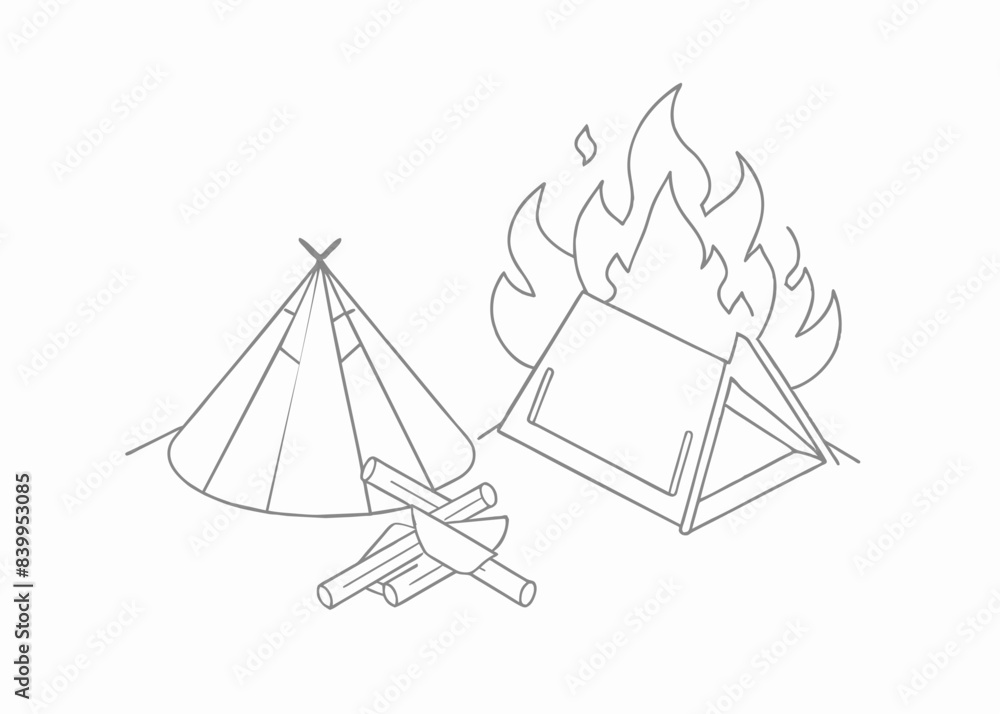 Continuous one line drawing of camping tent and bonfire. Bonfire and pot single line art vector illustration. Continuous one line drawing of camping tent and bonfire. Bonfire and pot single line art vector illustration.