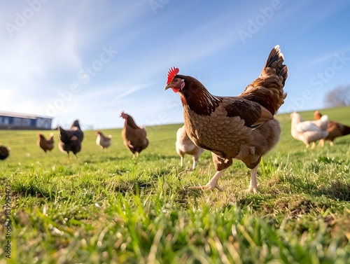 A group of chickens are walking in a field