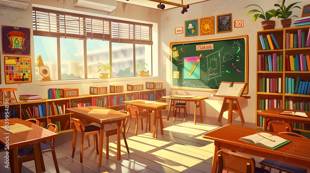 A classroom with a chalkboard and a window A classroom with a chalkboard and a window