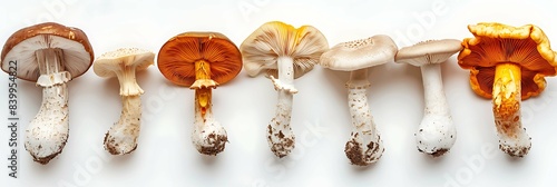 Different mushrooms in row on white background (cep, brown cap boletus, orange-cap boletus, paxil, chanterelle) panoramic photo