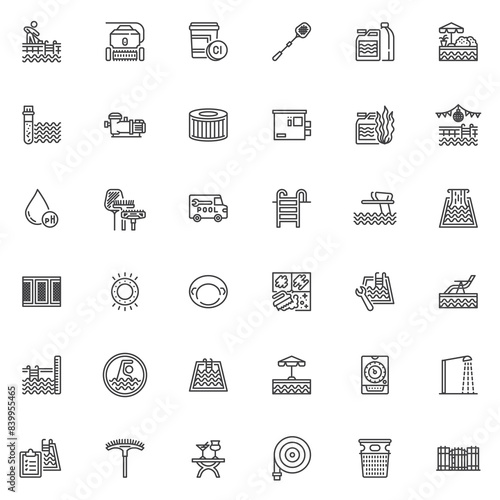 Pool service line icons set
