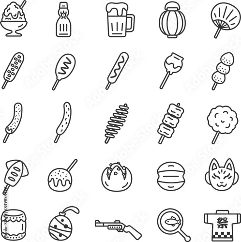 夏祭りのアイコン（線画）のイラストセット