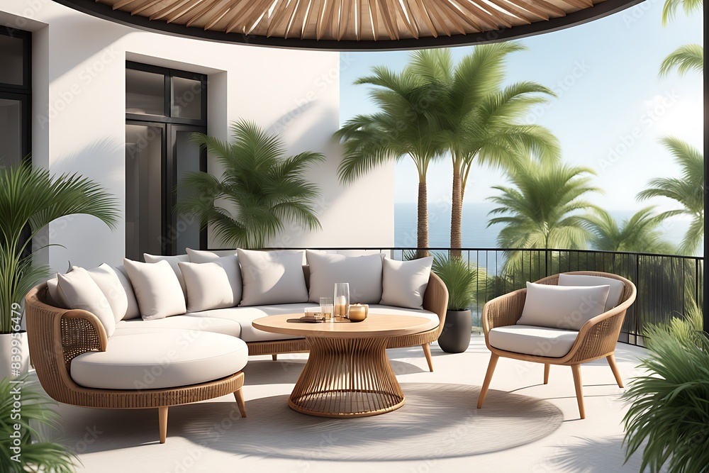 Obraz premium Terrace with outdoor furniture round table chairs gazebo and palm trees Exotic summer patio