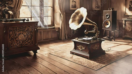 Vintage gramophone with intricate design, evoking a sense of nostalgia and classic elegance. Seamless looping 4k time-lapse virtual video background photo