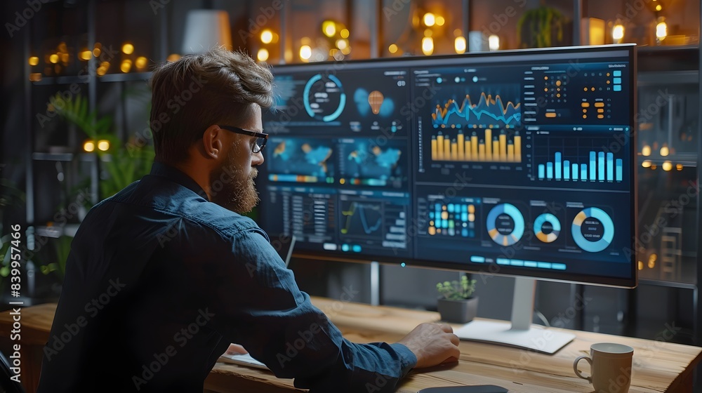 Business Analyst Presenting Digital Data Trends Using Analytical Dashboard on Multiple Screens in High Tech Office Environment Business Analyst Presenting Digital Data Trends Using Analytical Dashboard on Multiple Screens in High Tech Office Environment