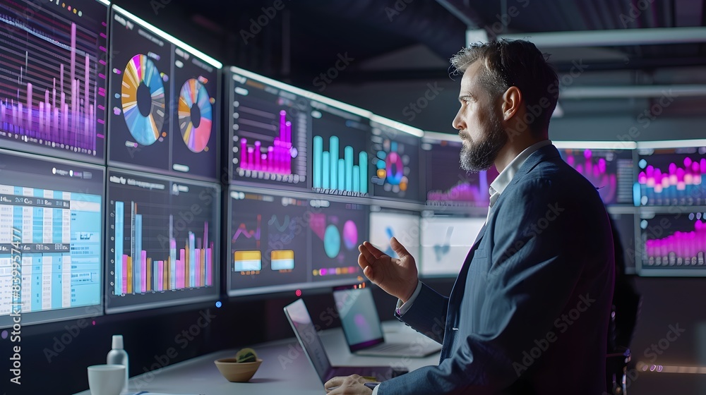 Business Analyst Presenting Data Trends to Colleagues in High Tech Office Environment Business Analyst Presenting Data Trends to Colleagues in High Tech Office Environment