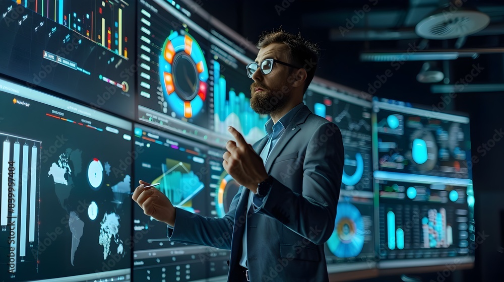 Business Analyst Presenting Data Trends to Colleagues in High Tech Professional Environment Business Analyst Presenting Data Trends to Colleagues in High Tech Professional Environment