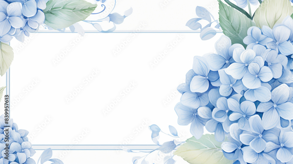 Elegant floral frame with blue hydrangeas and green leaves, ideal for invitations, greeting cards, or artistic projects. Elegant floral frame with blue hydrangeas and green leaves, ideal for invitations, greeting cards, or artistic projects.