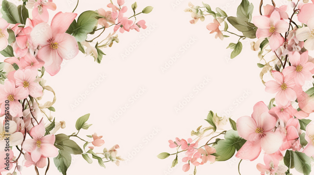 Fototapeta premium Elegant floral frame with pink flowers and green leaves on a soft beige background, perfect for invitations and greeting cards.