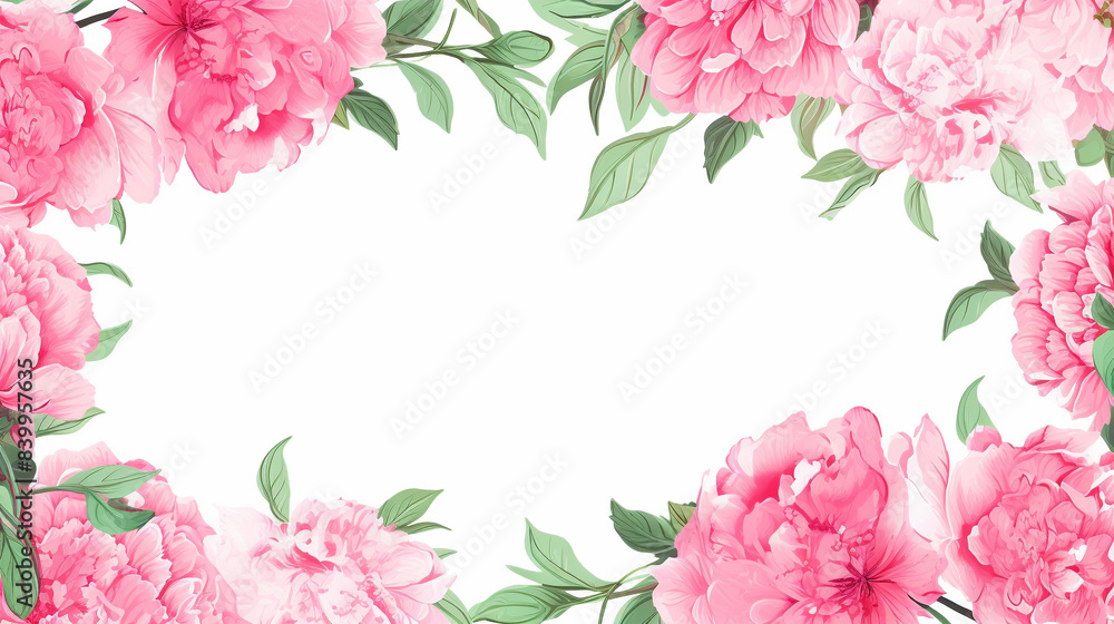 Elegant floral frame with pink peonies and green leaves, perfect for wedding invitations and spring celebration designs. Elegant floral frame with pink peonies and green leaves, perfect for wedding invitations and spring celebration designs.