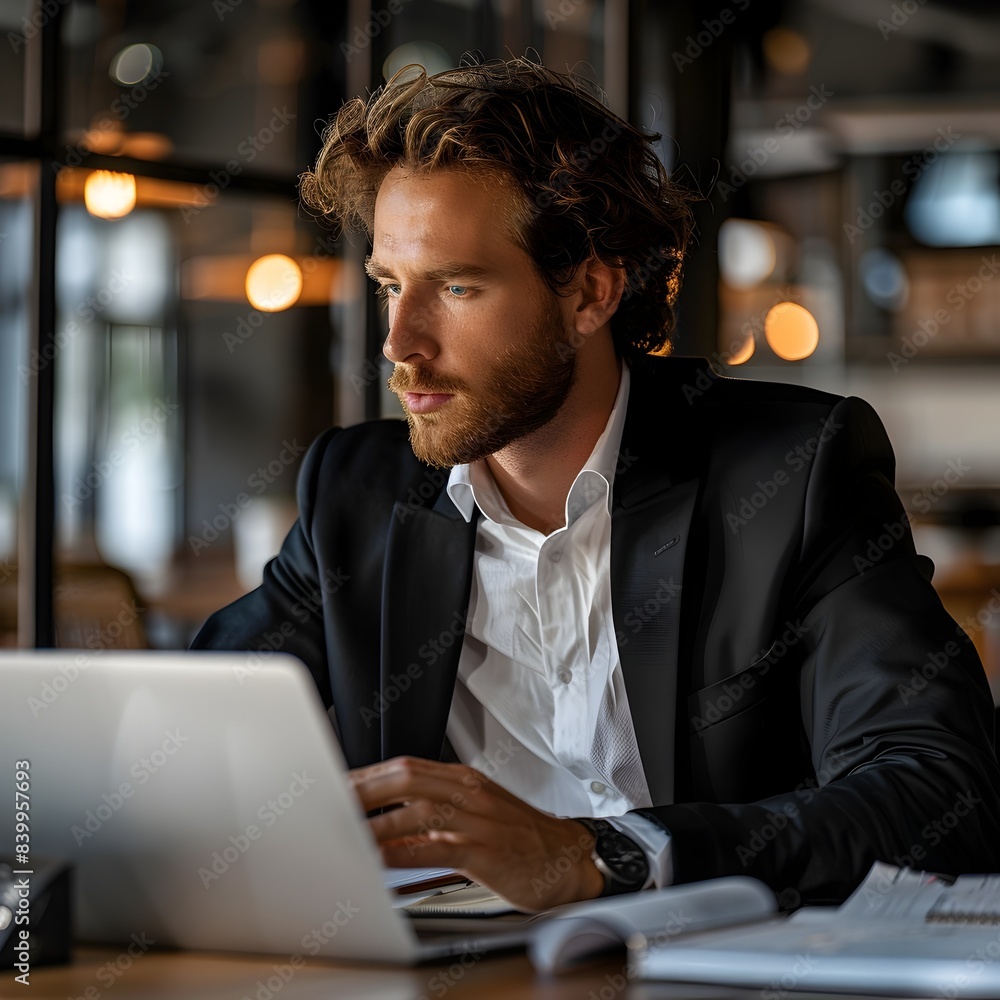 Businessman Negotiating a Deal in a Professional Office with Laptop and Documents Businessman Negotiating a Deal in a Professional Office with Laptop and Documents
