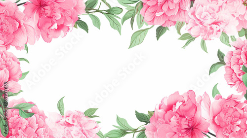 Elegant floral frame with pink peonies and green leaves, perfect for wedding invitations and spring celebration designs.