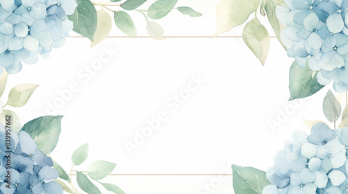 Elegant watercolor blue hydrangea floral frame with green leaves. Perfect for invitations, cards, and wedding designs.
